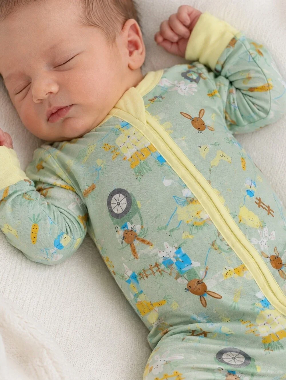 Little Sleepies Newborn Zip Sleeper – Mint Farm Bunny Print Whimsical Baby Cotta